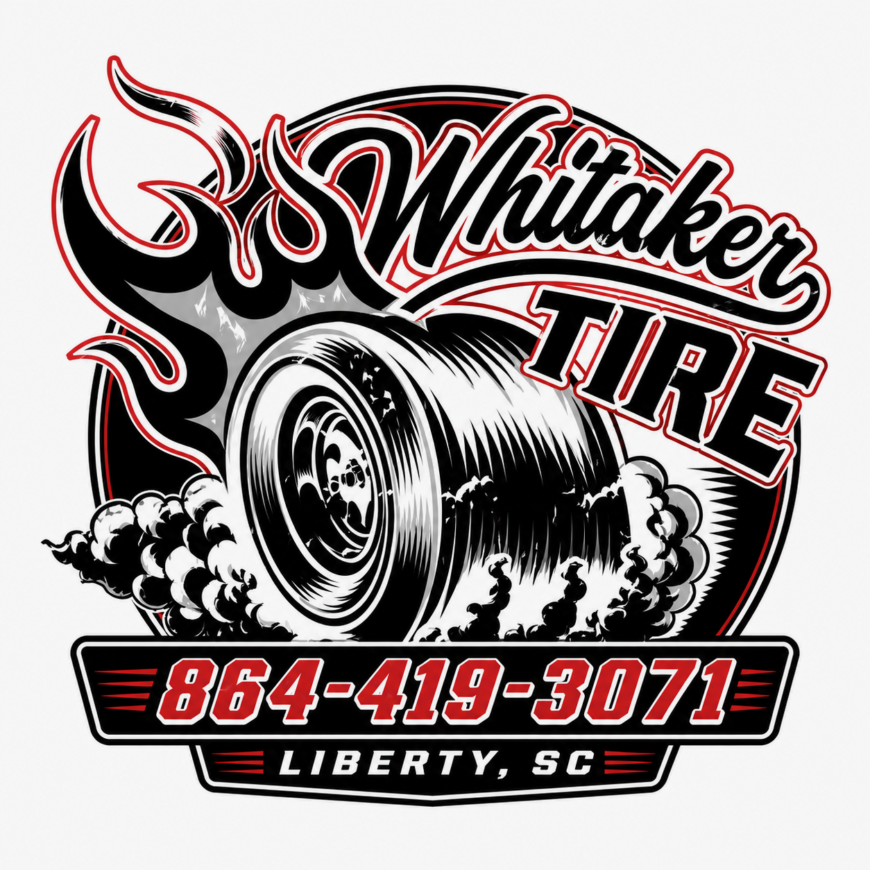 Whitaker Tire logo featuring a flaming burnout tire and the phone number 864-419-3071